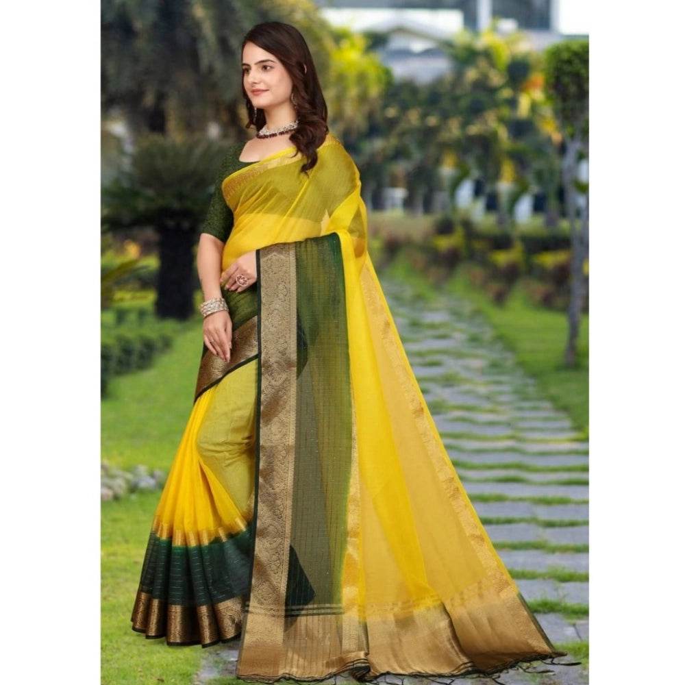 Generic Women's Khadi Cotton Solid Saree With Unstitched Blouse 5.5Mtr (Yellow) - MYLUXURY LANE ENTERPRISE
