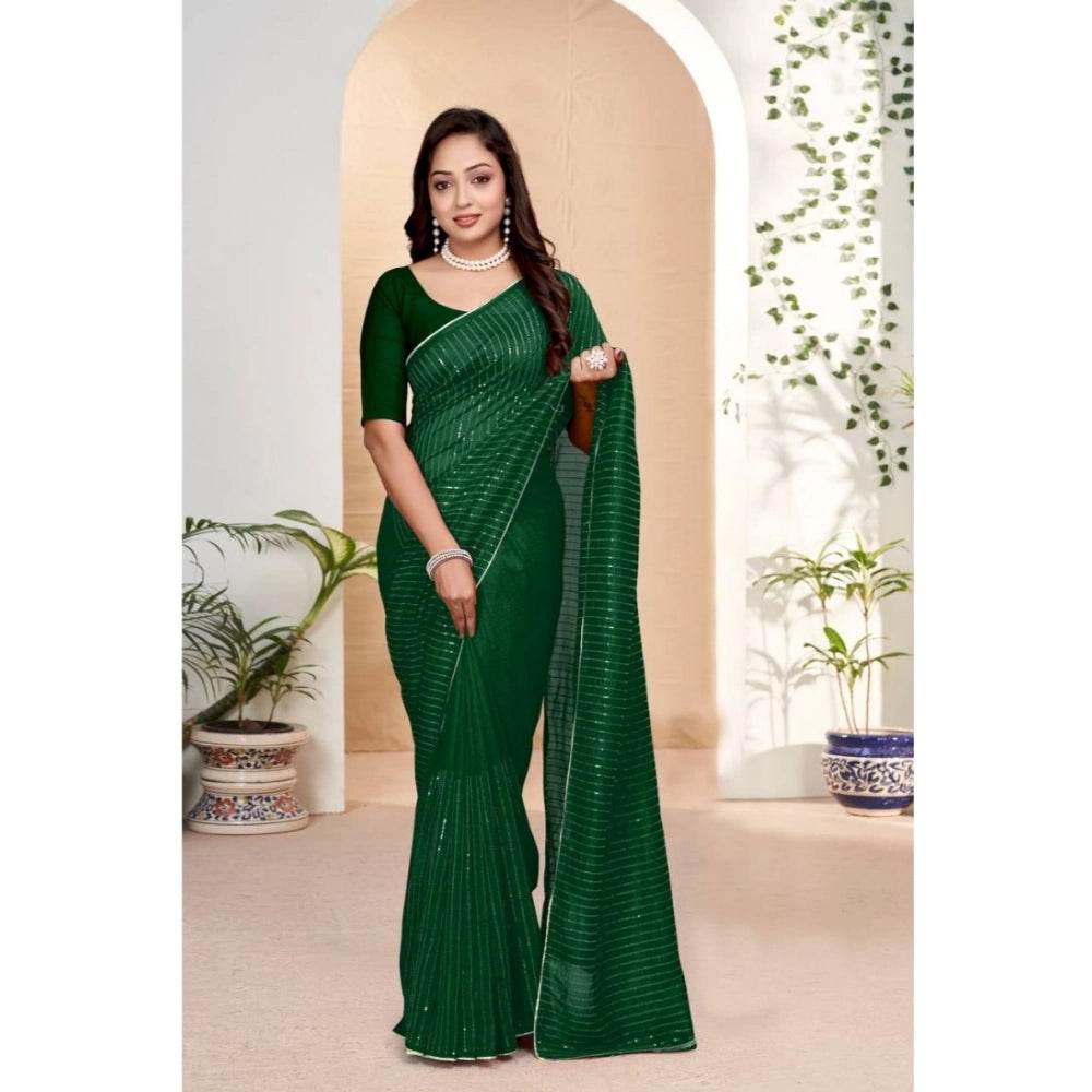 Generic Women's Vichitra Silk Striped Saree With Unstitched Blouse 5.5Mtr (Green) - MYLUXURY LANE ENTERPRISE