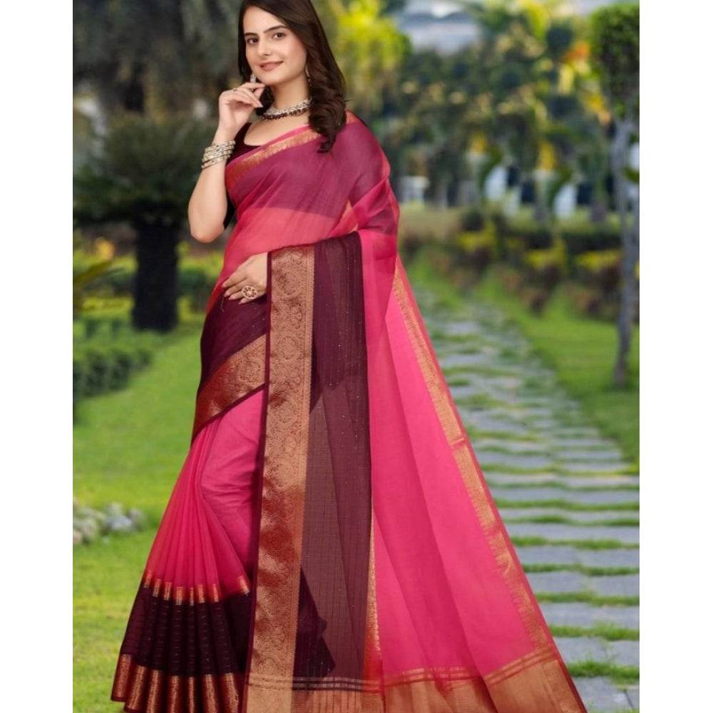 Generic Women's Khadi Cotton Solid Saree With Unstitched Blouse 5.5Mtr (Pink) - MYLUXURY LANE ENTERPRISE