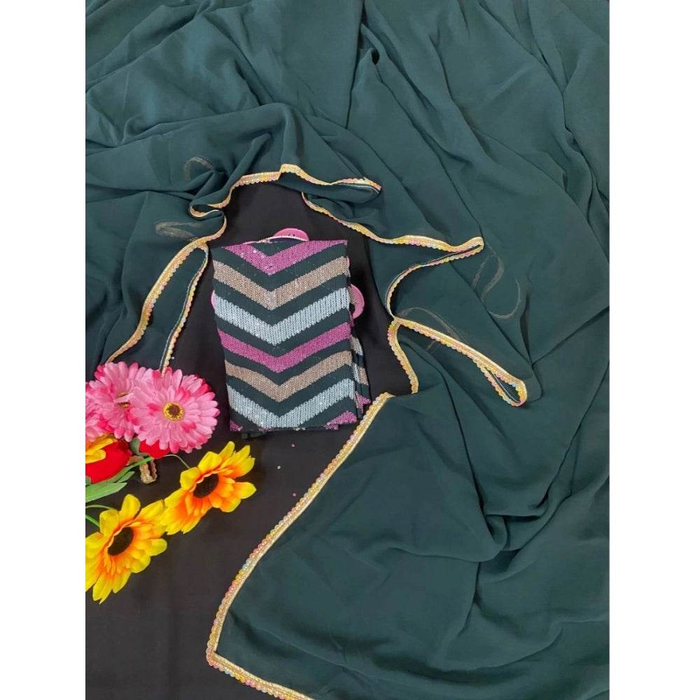 Generic Women's Fox Georgette Solid Saree With Unstitched Blouse 5.5Mtr (Green) - MYLUXURY LANE ENTERPRISE