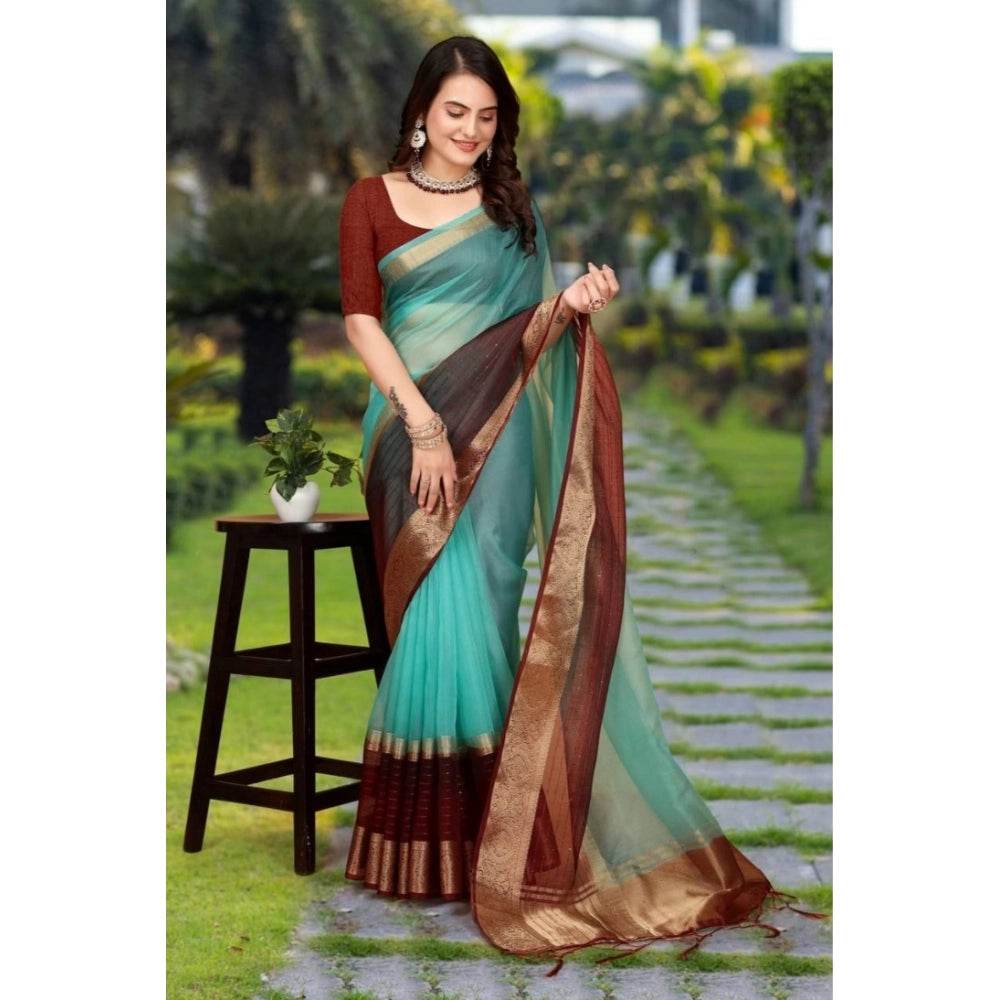 Generic Women's Khadi Cotton Solid Saree With Unstitched Blouse 5.5Mtr (Sky Blue) - MYLUXURY LANE ENTERPRISE