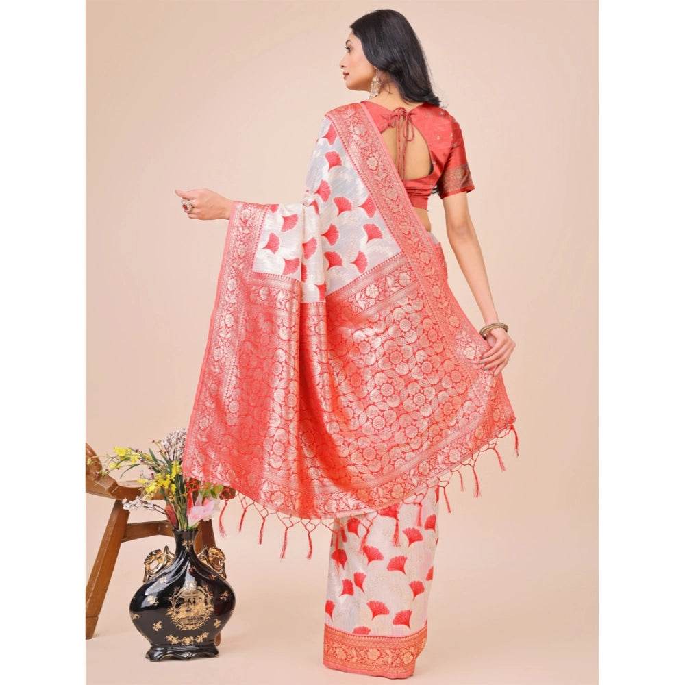 Generic Women's Linen Cotton Printed Saree With Unstitched Blouse 5.5Mtr (Red) - MYLUXURY LANE ENTERPRISE