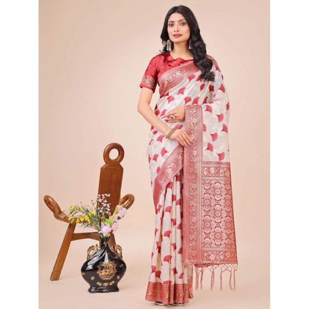 Generic Women's Linen Cotton Printed Saree With Unstitched Blouse 5.5Mtr (Red) - MYLUXURY LANE ENTERPRISE