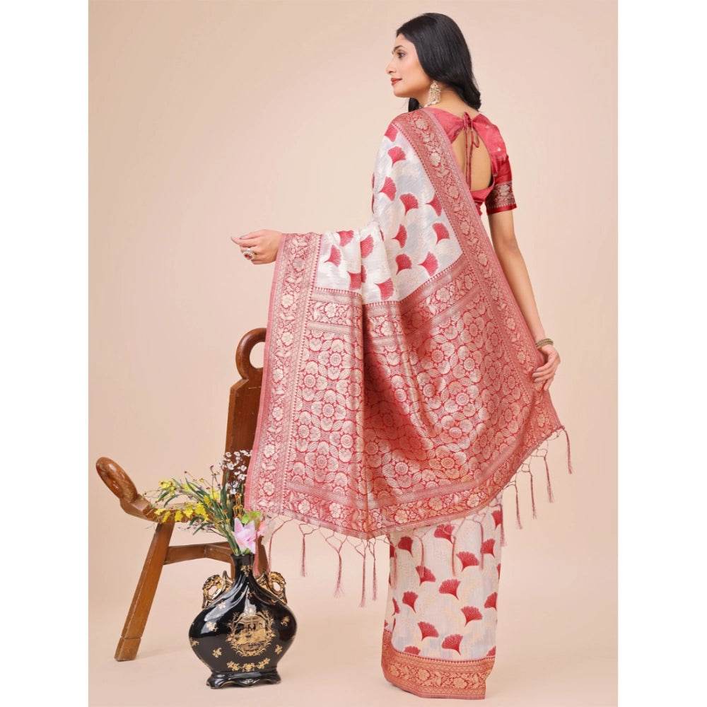 Generic Women's Linen Cotton Printed Saree With Unstitched Blouse 5.5Mtr (Maroon) - MYLUXURY LANE ENTERPRISE