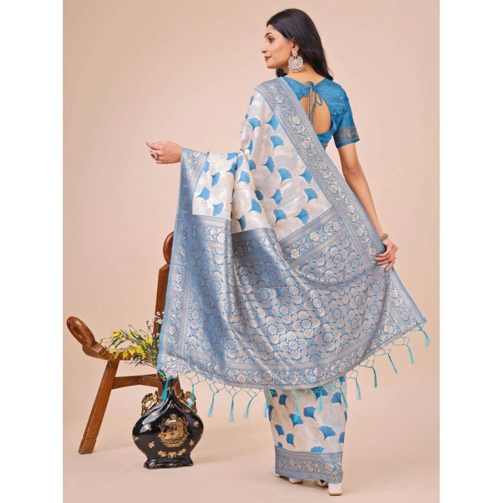 Generic Women's Linen Cotton Printed Saree With Unstitched Blouse 5.5Mtr (Sky Blue) - MYLUXURY LANE ENTERPRISE