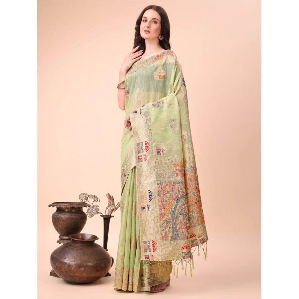 Generic Women's Linen Cotton Printed Saree With Unstitched Blouse 5.5Mtr (Light Green) - MYLUXURY LANE ENTERPRISE