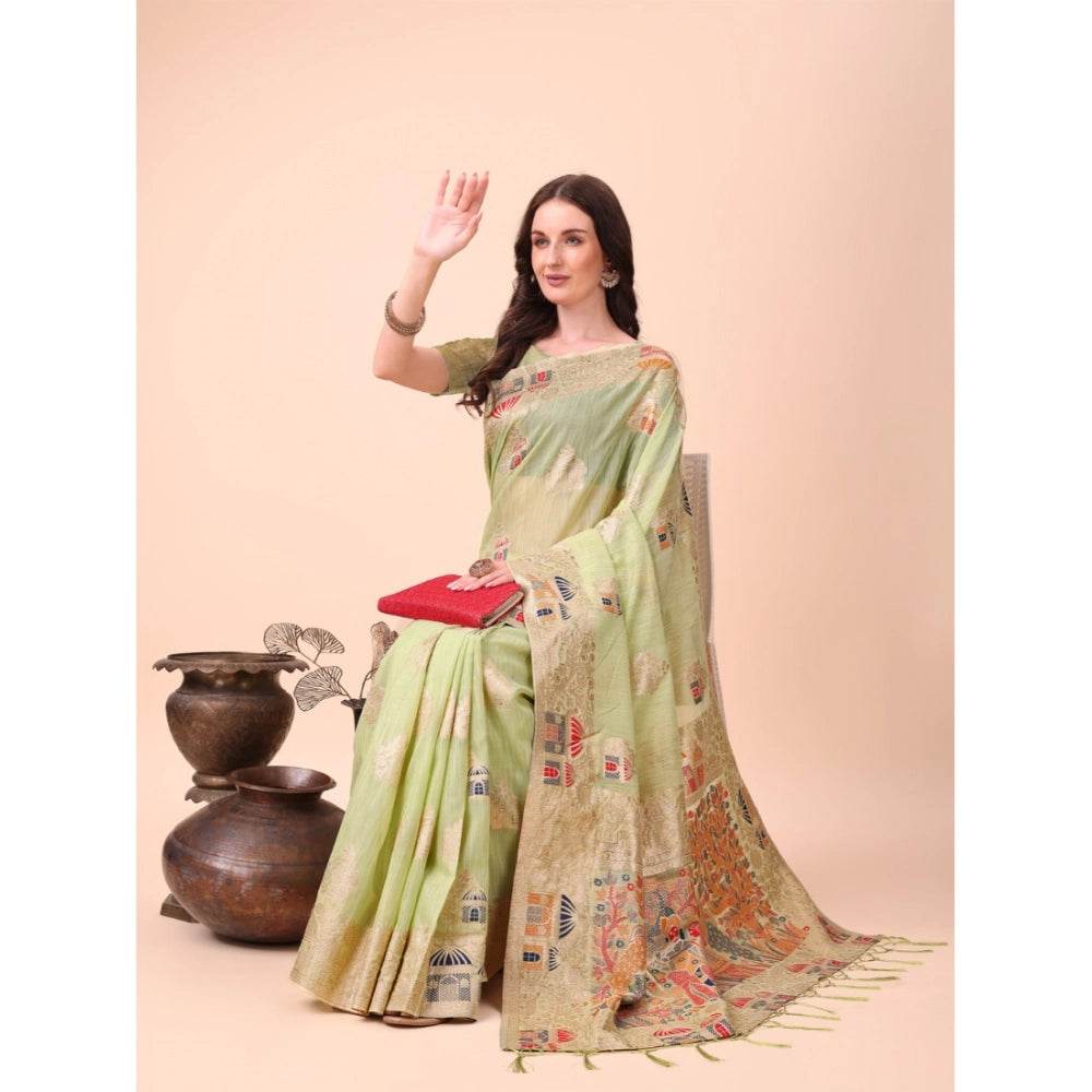 Generic Women's Linen Cotton Printed Saree With Unstitched Blouse 5.5Mtr (Light Green) - MYLUXURY LANE ENTERPRISE