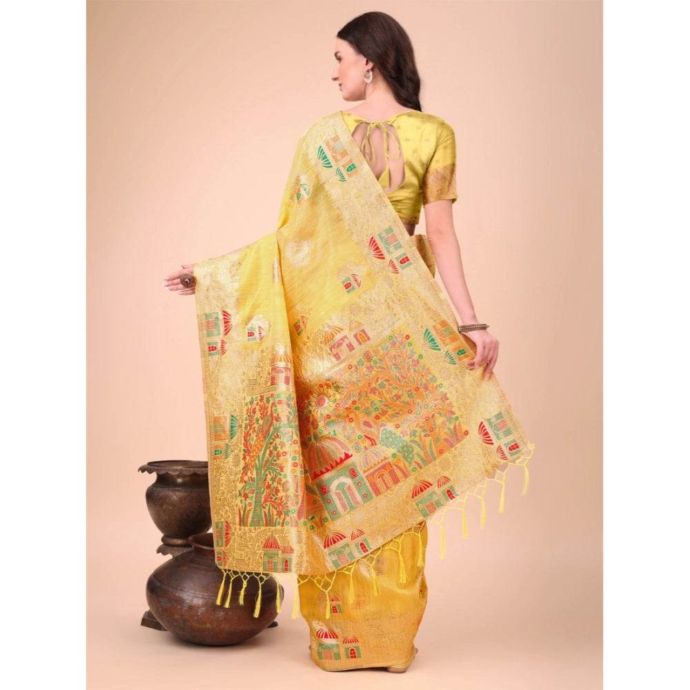 Generic Women's Linen Cotton Printed Saree With Unstitched Blouse 5.5Mtr (Yellow) - MYLUXURY LANE ENTERPRISE