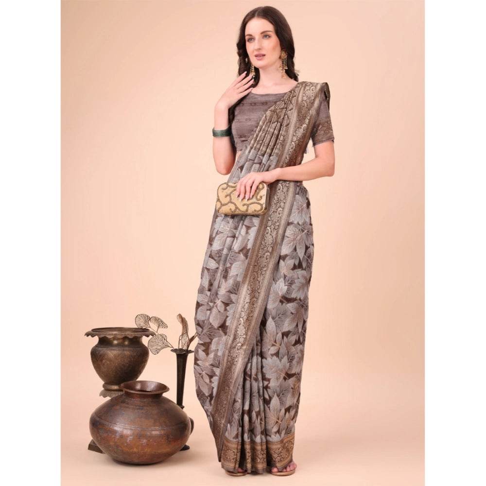 Generic Women's Cotton Printed Saree With Unstitched Blouse 5.5Mtr (Brown) - MYLUXURY LANE ENTERPRISE