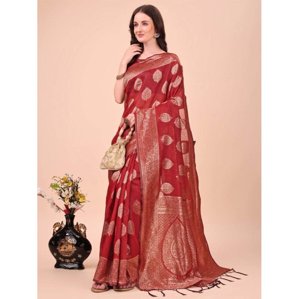 Generic Women's Cotton Printed Saree With Unstitched Blouse 5.5Mtr (Maroon) - MYLUXURY LANE ENTERPRISE