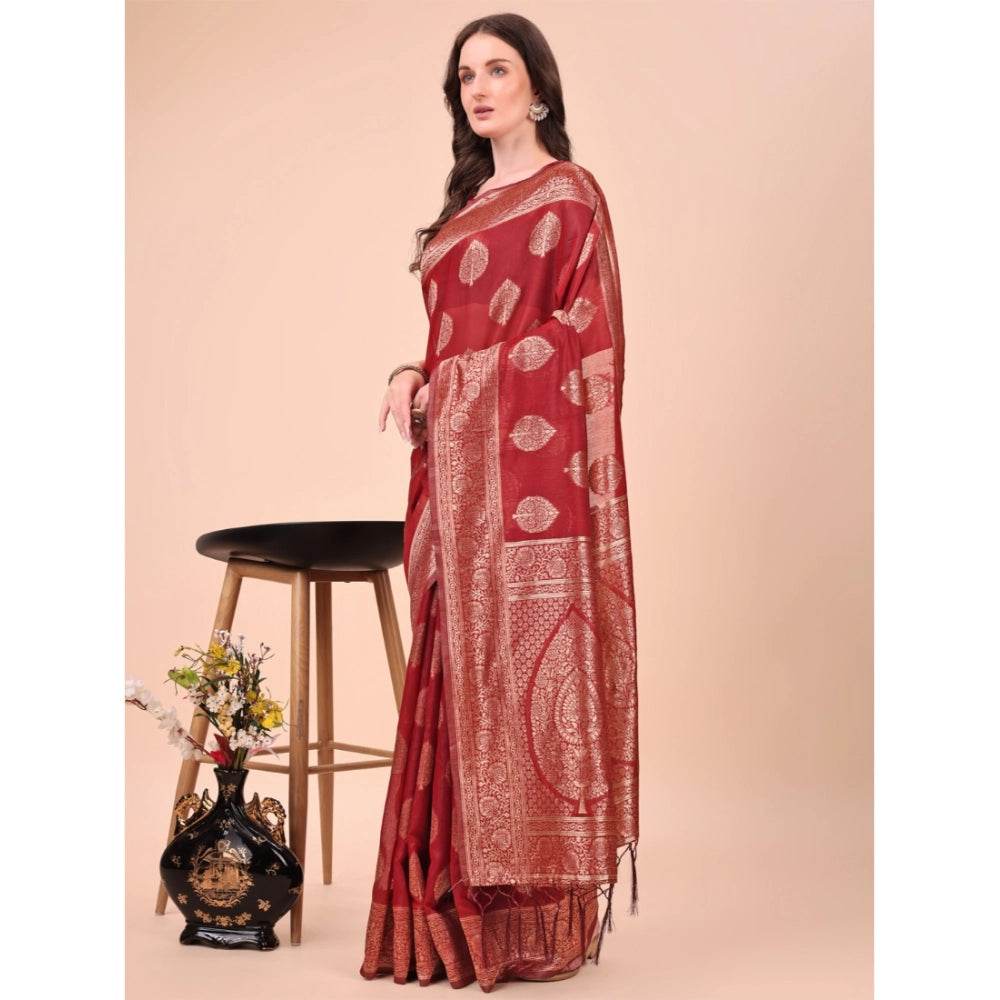 Generic Women's Cotton Printed Saree With Unstitched Blouse 5.5Mtr (Maroon) - MYLUXURY LANE ENTERPRISE