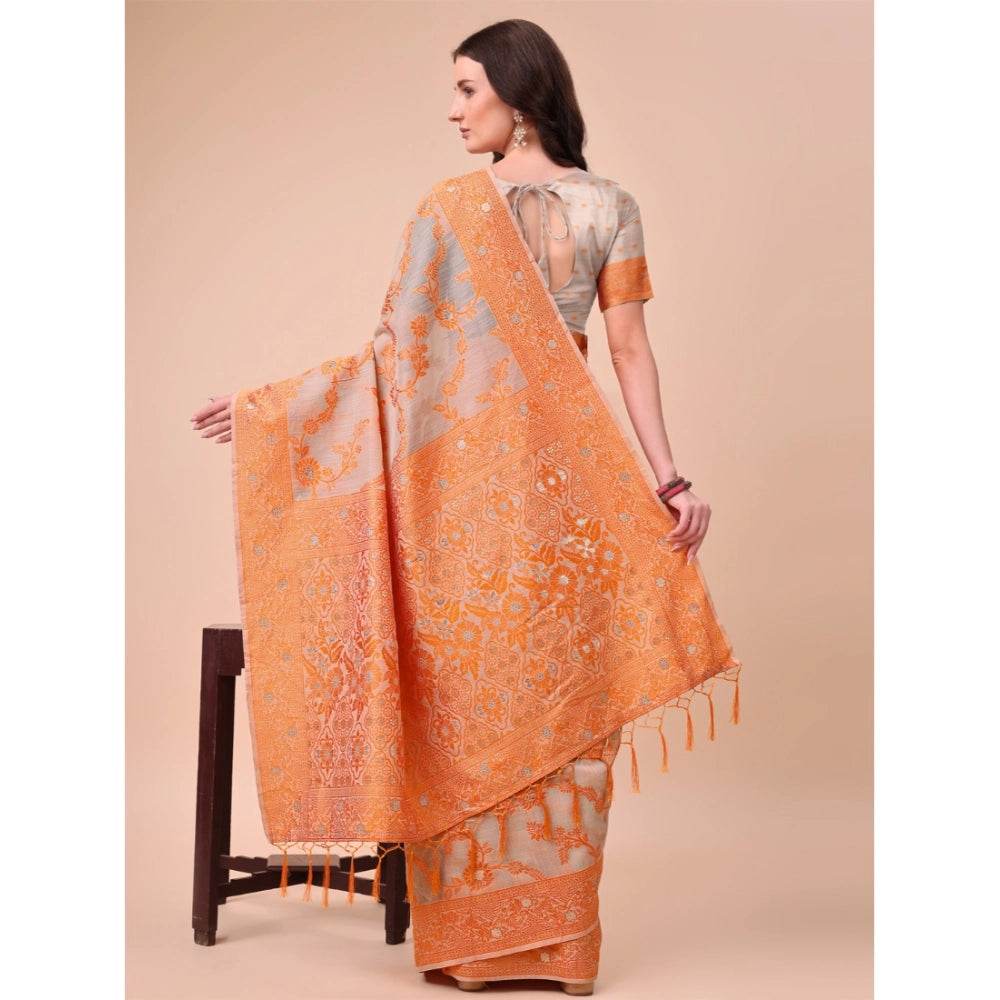 Generic Women's Cotton Printed Saree With Unstitched Blouse 5.5Mtr (Orange) - MYLUXURY LANE ENTERPRISE
