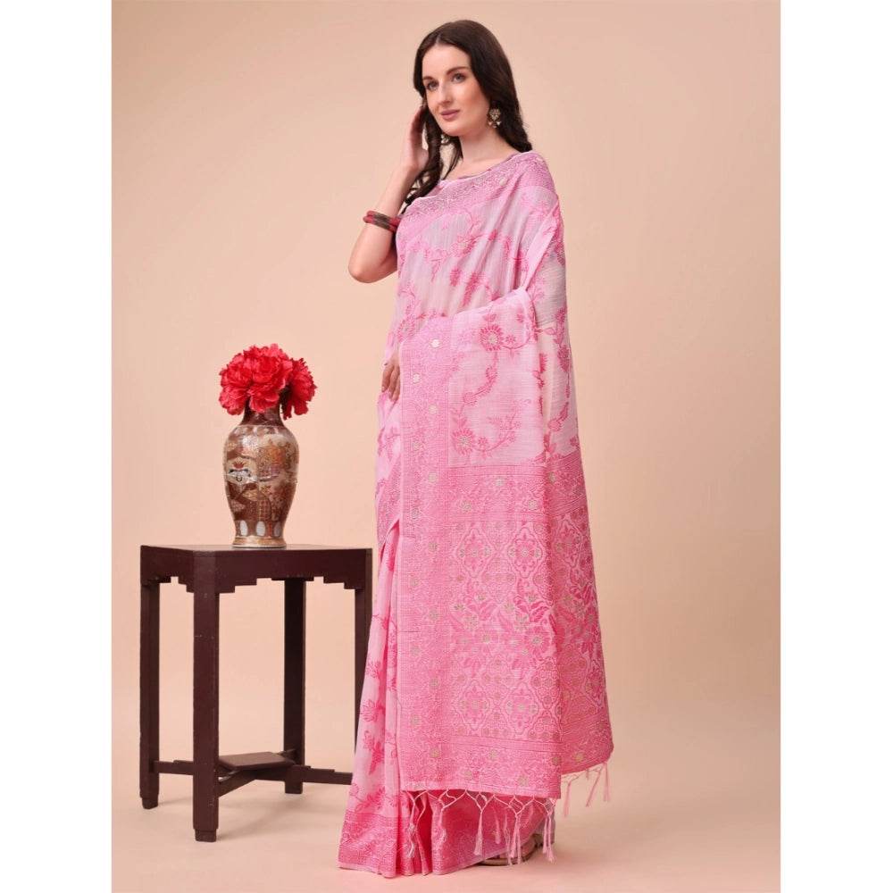 Generic Women's Cotton Printed Saree With Unstitched Blouse 5.5Mtr (Pink) - MYLUXURY LANE ENTERPRISE