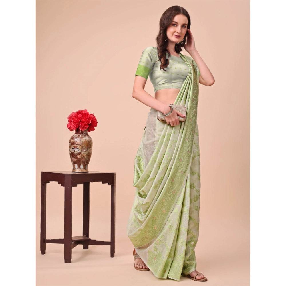 Generic Women's Cotton Printed Saree With Unstitched Blouse 5.5Mtr (Light Green) - MYLUXURY LANE ENTERPRISE