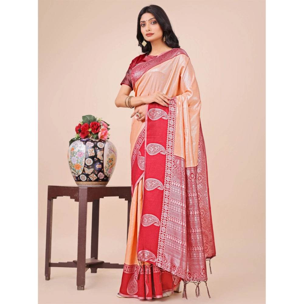 Generic Women's Lichi Silk Printed Saree With Unstitched Blouse 5.5Mtr (Peach) - MYLUXURY LANE ENTERPRISE