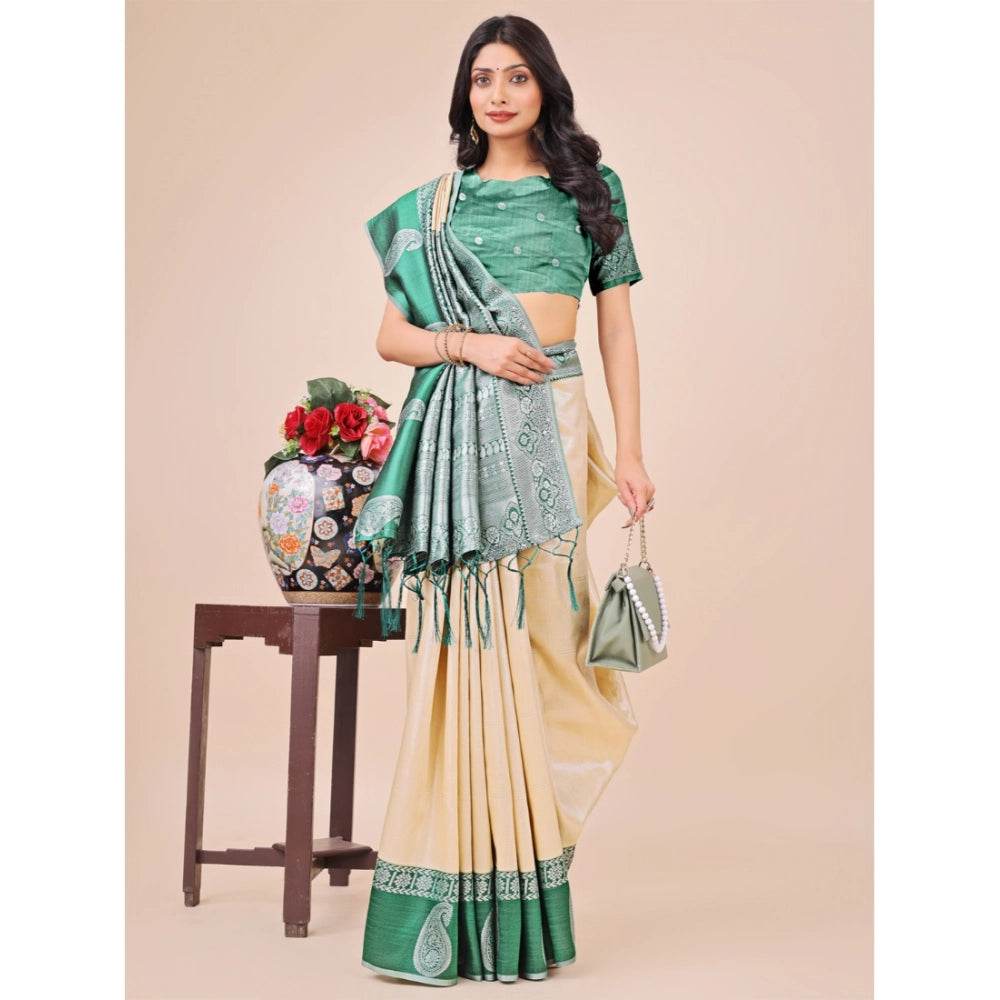 Generic Women's Lichi Silk Printed Saree With Unstitched Blouse 5.5Mtr (Cream) - MYLUXURY LANE ENTERPRISE