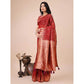 Generic Women's Linen Cotton Printed Saree With Unstitched Blouse 5.5Mtr (Red) - MYLUXURY LANE ENTERPRISE