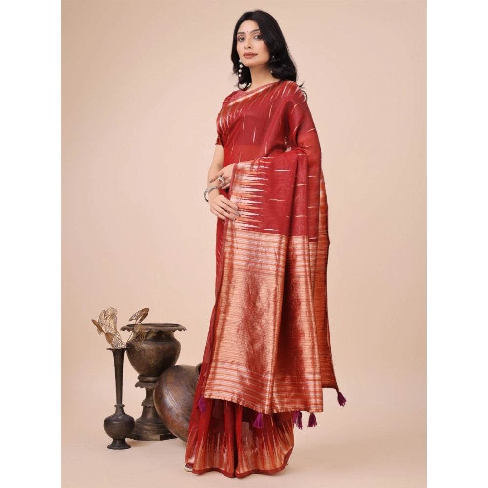 Generic Women's Linen Cotton Printed Saree With Unstitched Blouse 5.5Mtr (Red) - MYLUXURY LANE ENTERPRISE