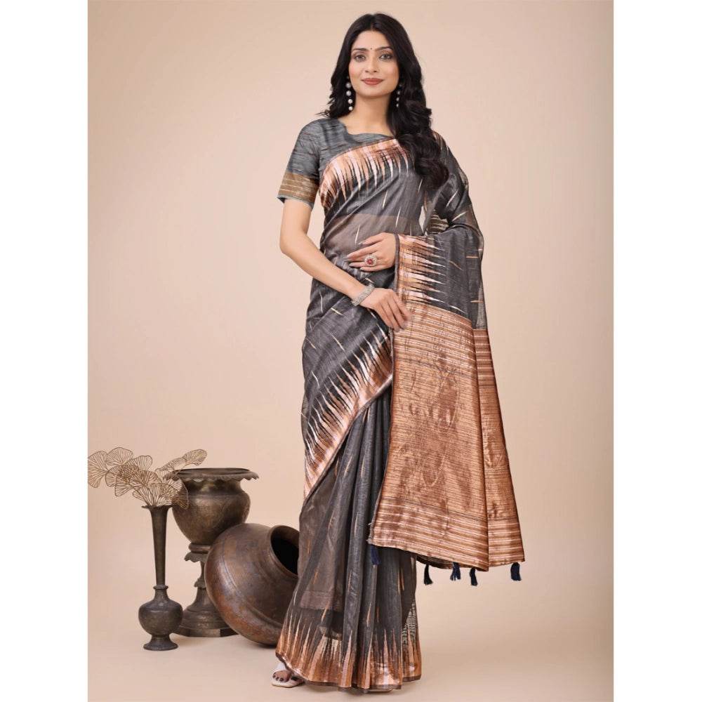 Generic Women's Linen Cotton Printed Saree With Unstitched Blouse 5.5Mtr (Grey) - MYLUXURY LANE ENTERPRISE