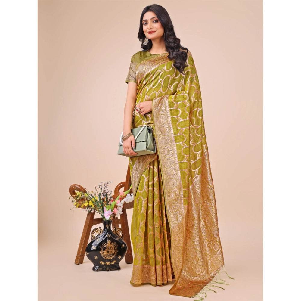 Generic Women's Linen Cotton Printed Saree With Unstitched Blouse 5.5Mtr (Olive Green) - MYLUXURY LANE ENTERPRISE