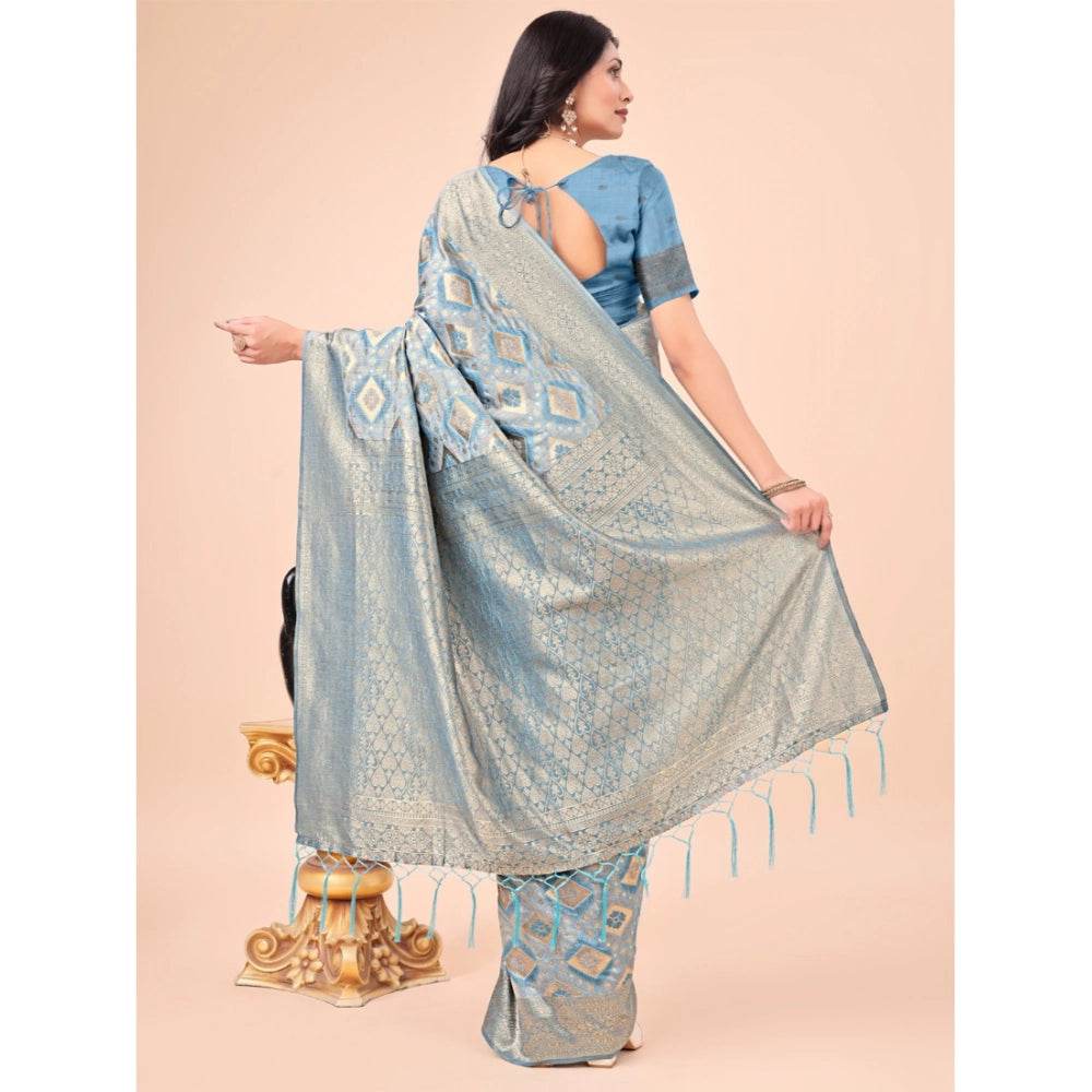 Generic Women's Cotton Printed Saree With Unstitched Blouse 5.5Mtr (Sky Blue) - MYLUXURY LANE ENTERPRISE