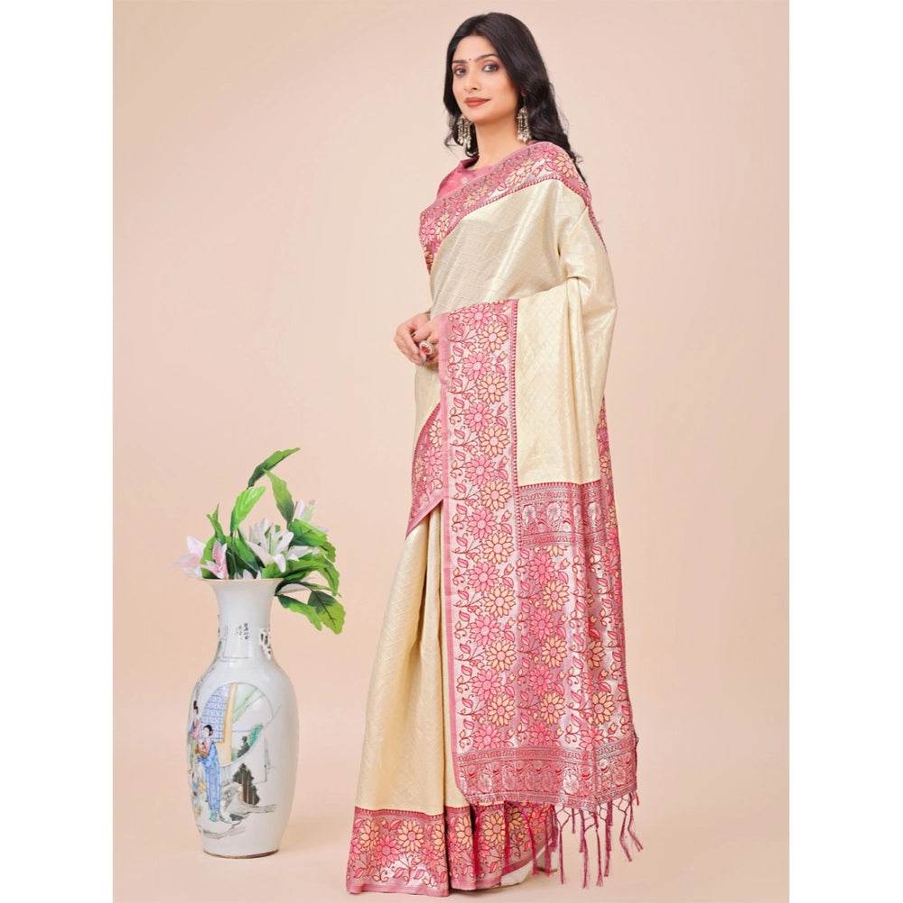 Generic Women's Lichi Silk Printed Saree With Unstitched Blouse 5.5Mtr (Cream) - MYLUXURY LANE ENTERPRISE