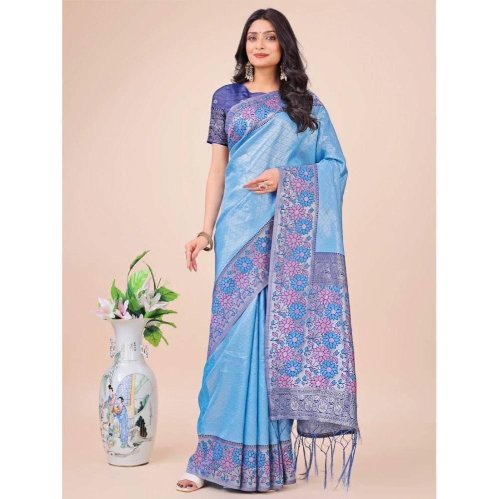 Generic Women's Lichi Silk Printed Saree With Unstitched Blouse 5.5Mtr (Sky Blue) - MYLUXURY LANE ENTERPRISE