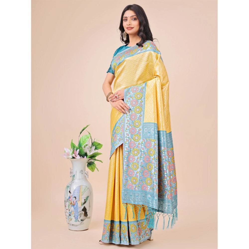 Generic Women's Lichi Silk Printed Saree With Unstitched Blouse 5.5Mtr (Yellow) - MYLUXURY LANE ENTERPRISE