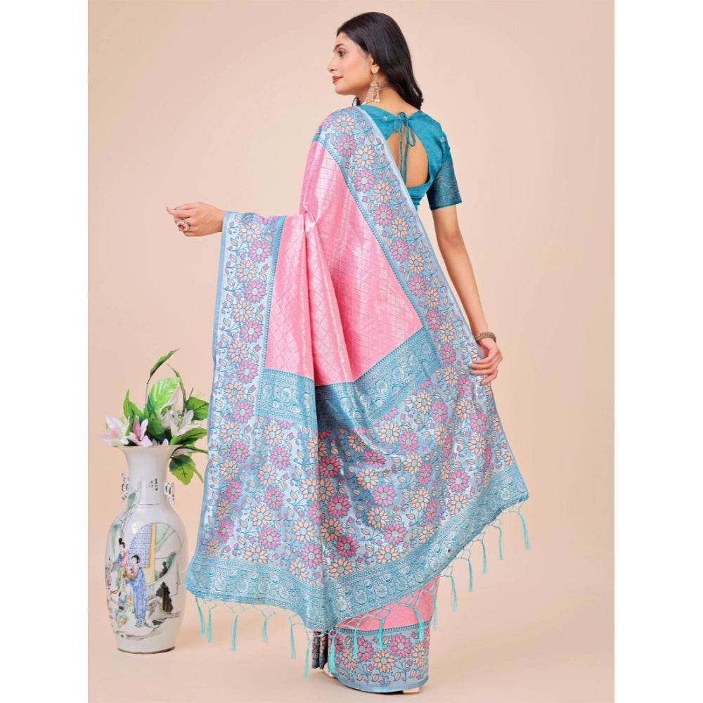 Generic Women's Lichi Silk Printed Saree With Unstitched Blouse 5.5Mtr (Pink) - MYLUXURY LANE ENTERPRISE