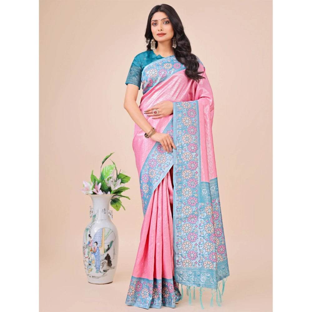 Generic Women's Lichi Silk Printed Saree With Unstitched Blouse 5.5Mtr (Pink) - MYLUXURY LANE ENTERPRISE