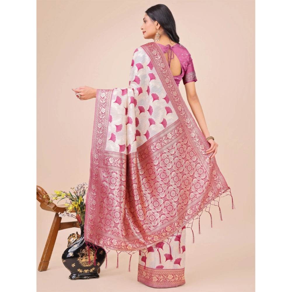 Generic Women's Linen Cotton Printed Saree With Unstitched Blouse 5.5Mtr (Magenta) - MYLUXURY LANE ENTERPRISE