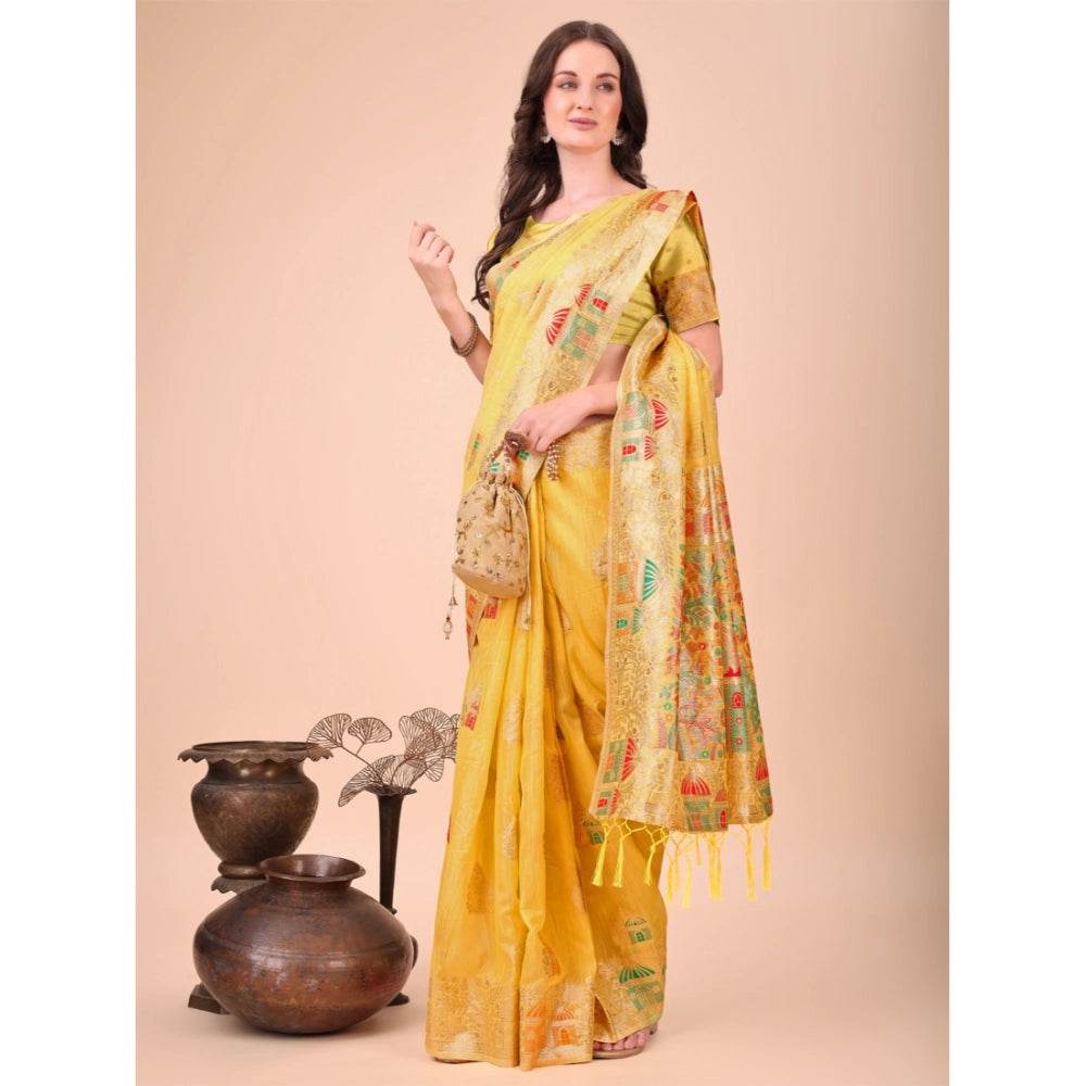 Generic Women's Linen Cotton Printed Saree With Unstitched Blouse 5.5Mtr (Yellow) - MYLUXURY LANE ENTERPRISE