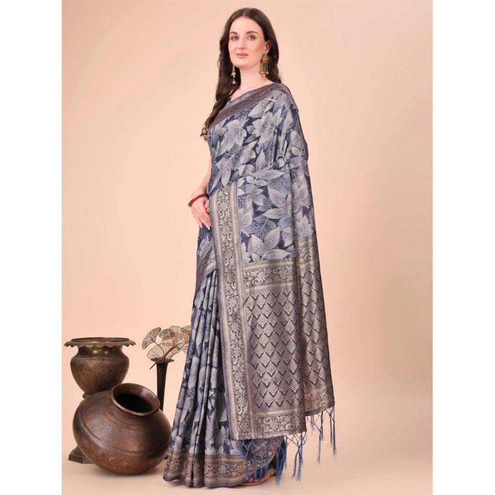 Generic Women's Cotton Printed Saree With Unstitched Blouse 5.5Mtr (Navy Blue) - MYLUXURY LANE ENTERPRISE