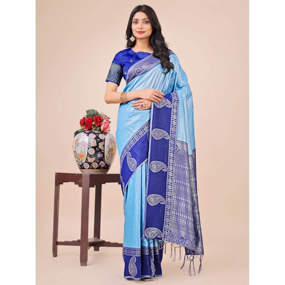 Generic Women's Lichi Silk Printed Saree With Unstitched Blouse 5.5Mtr (Sky Blue) - MYLUXURY LANE ENTERPRISE