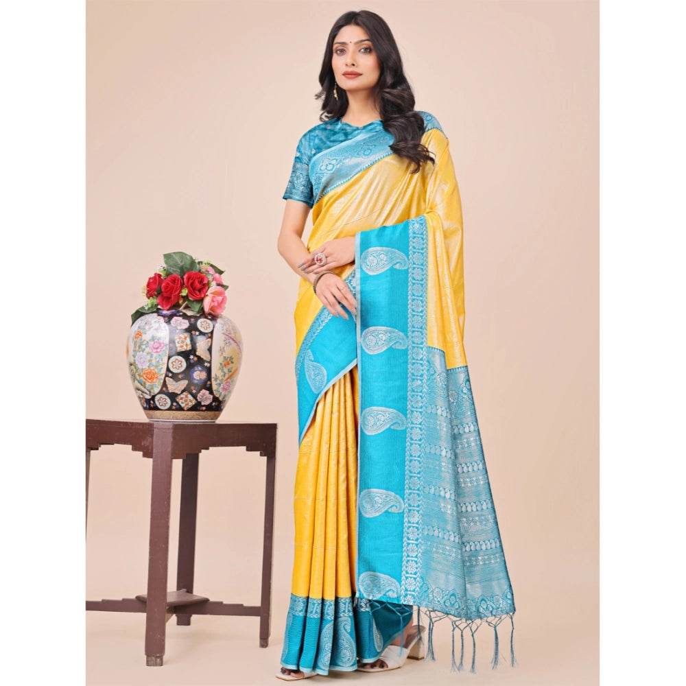 Generic Women's Lichi Silk Printed Saree With Unstitched Blouse 5.5Mtr (Yellow) - MYLUXURY LANE ENTERPRISE