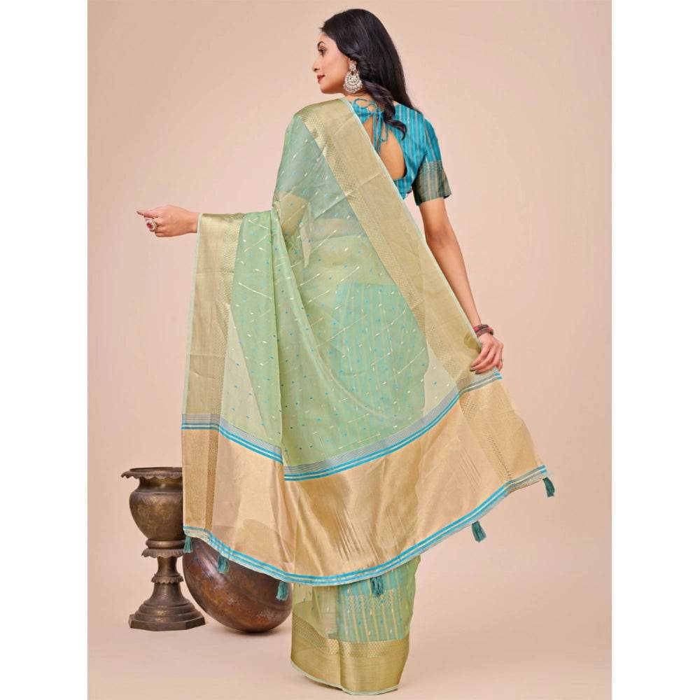 Generic Women's Organza Printed Saree With Unstitched Blouse 5.5Mtr (Green) - MYLUXURY LANE ENTERPRISE