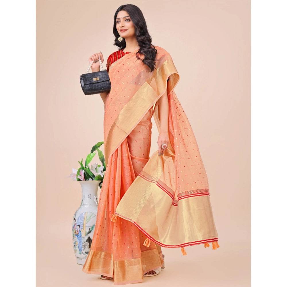 Generic Women's Organza Printed Saree With Unstitched Blouse 5.5Mtr (Peach) - MYLUXURY LANE ENTERPRISE