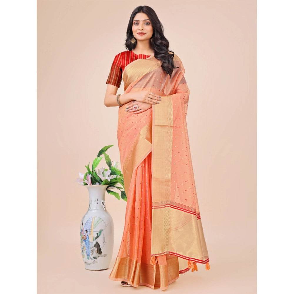 Generic Women's Organza Printed Saree With Unstitched Blouse 5.5Mtr (Peach) - MYLUXURY LANE ENTERPRISE