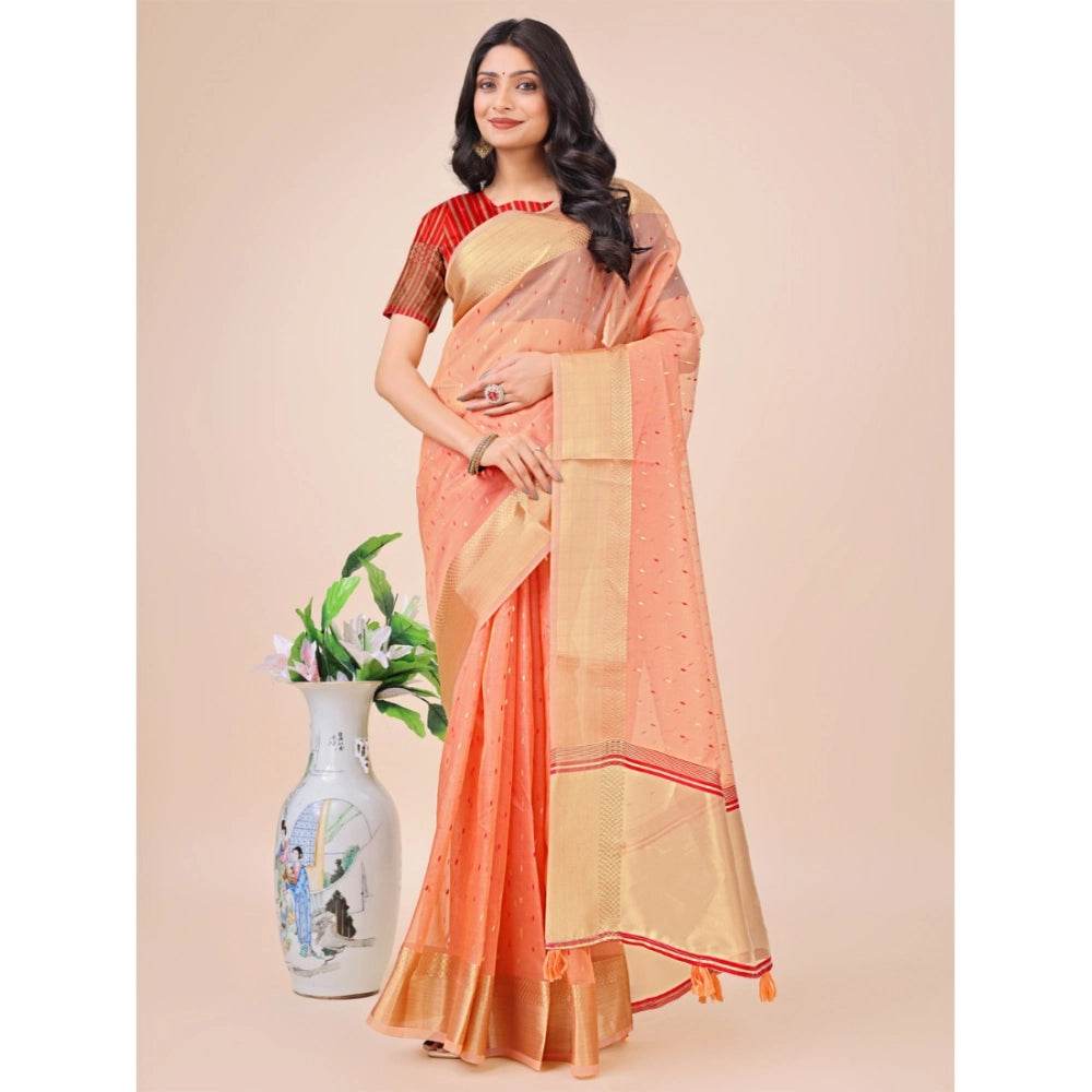 Generic Women's Organza Printed Saree With Unstitched Blouse 5.5Mtr (Peach) - MYLUXURY LANE ENTERPRISE