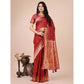 Generic Women's Linen Cotton Printed Saree With Unstitched Blouse 5.5Mtr (Red) - MYLUXURY LANE ENTERPRISE