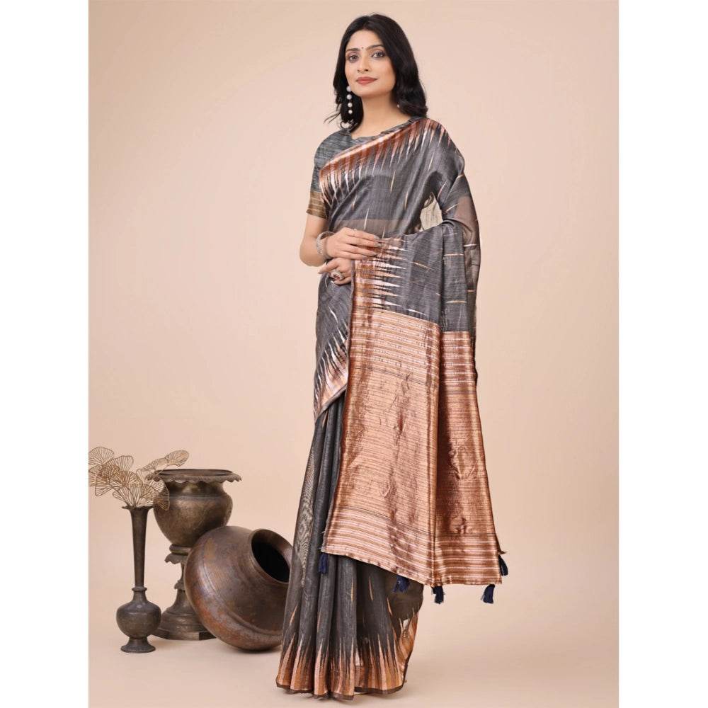 Generic Women's Linen Cotton Printed Saree With Unstitched Blouse 5.5Mtr (Grey) - MYLUXURY LANE ENTERPRISE