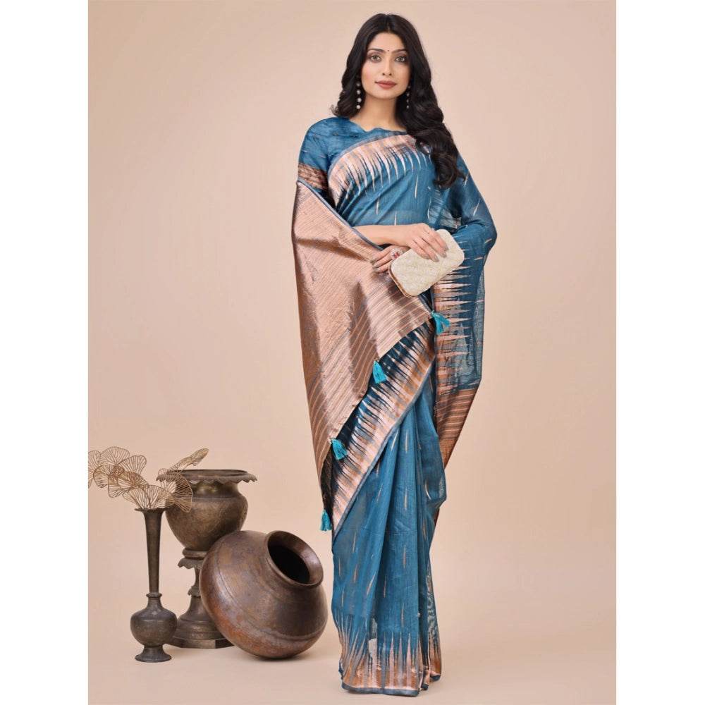Generic Women's Linen Cotton Printed Saree With Unstitched Blouse 5.5Mtr (Blue) - MYLUXURY LANE ENTERPRISE