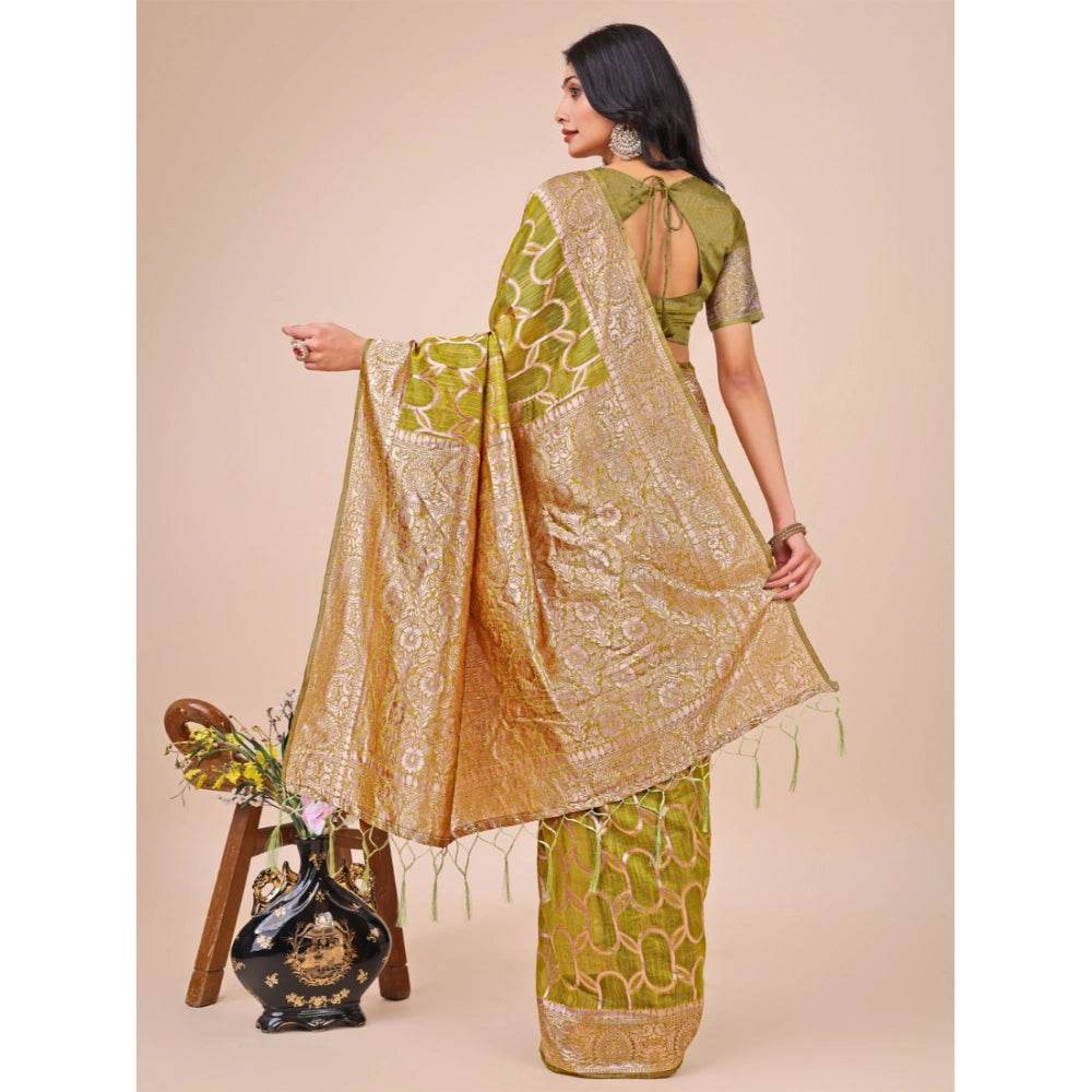 Generic Women's Linen Cotton Printed Saree With Unstitched Blouse 5.5Mtr (Olive Green) - MYLUXURY LANE ENTERPRISE