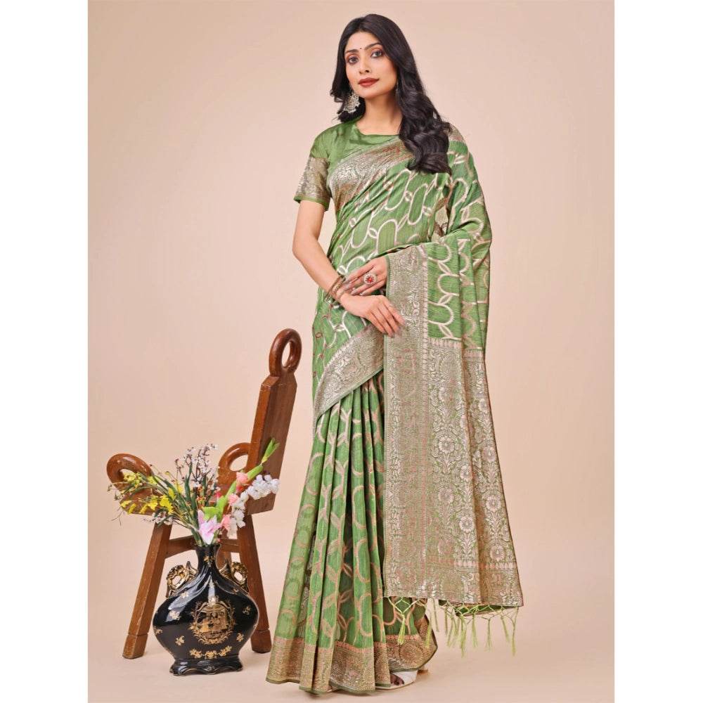 Generic Women's Linen Cotton Printed Saree With Unstitched Blouse 5.5Mtr (Green) - MYLUXURY LANE ENTERPRISE