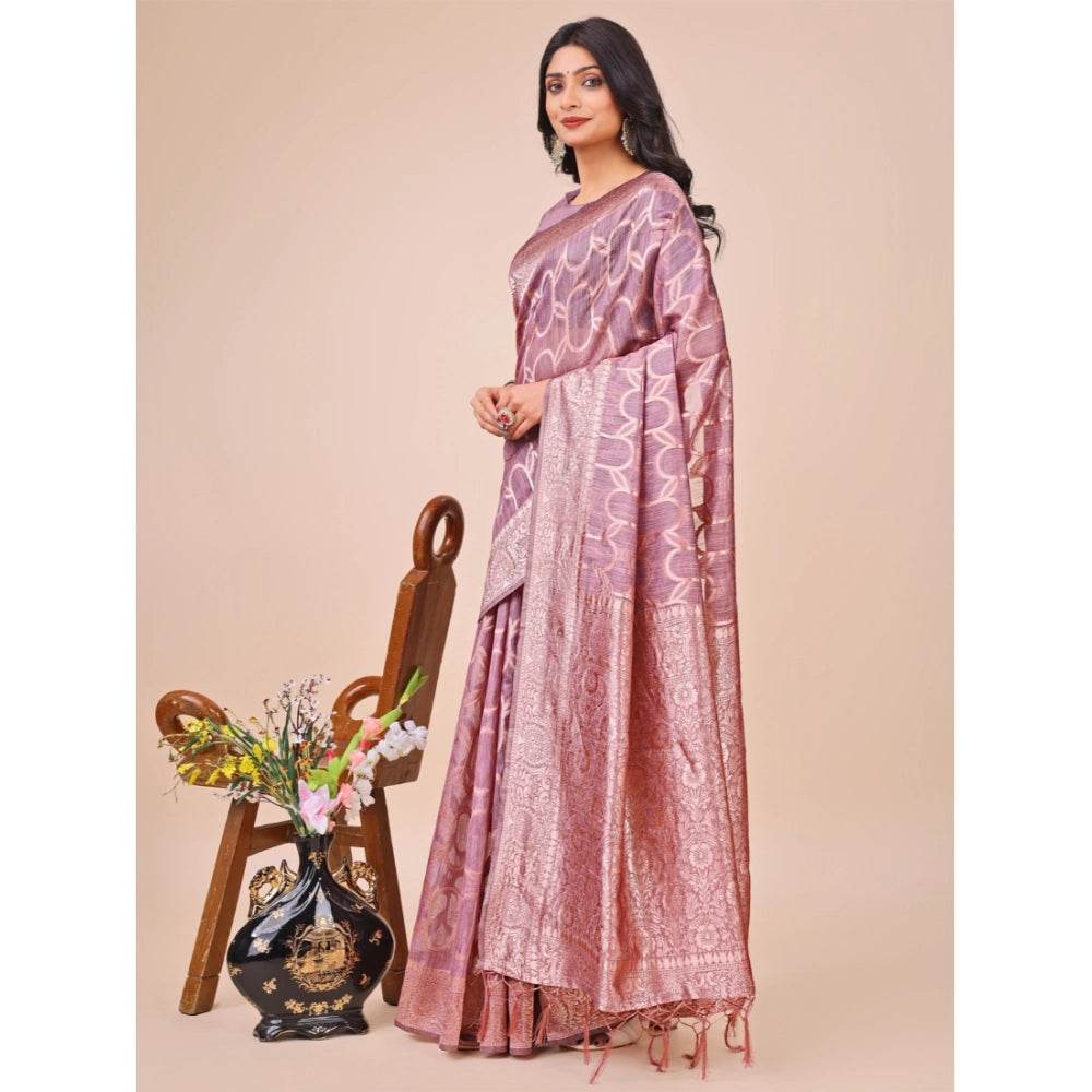 Generic Women's Linen Cotton Printed Saree With Unstitched Blouse 5.5Mtr (Purple) - MYLUXURY LANE ENTERPRISE