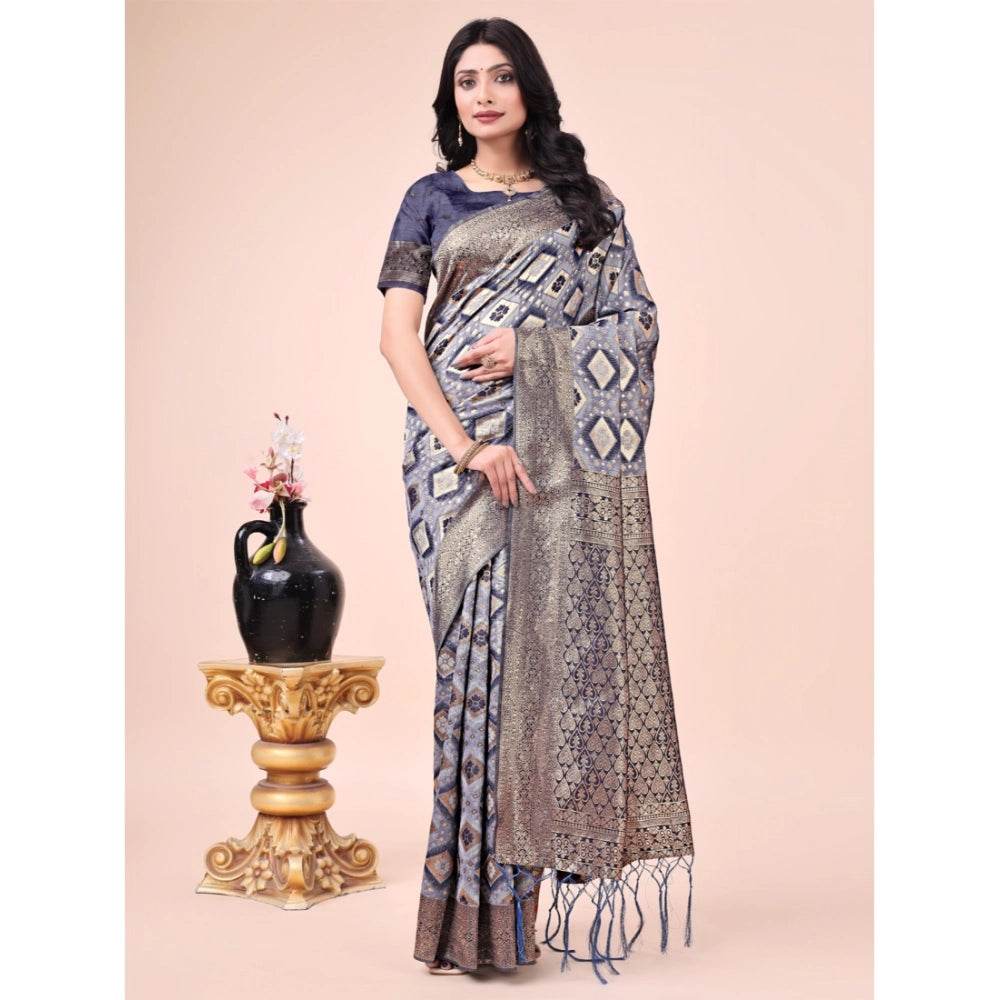 Generic Women's Cotton Printed Saree With Unstitched Blouse 5.5Mtr (Navy Blue) - MYLUXURY LANE ENTERPRISE