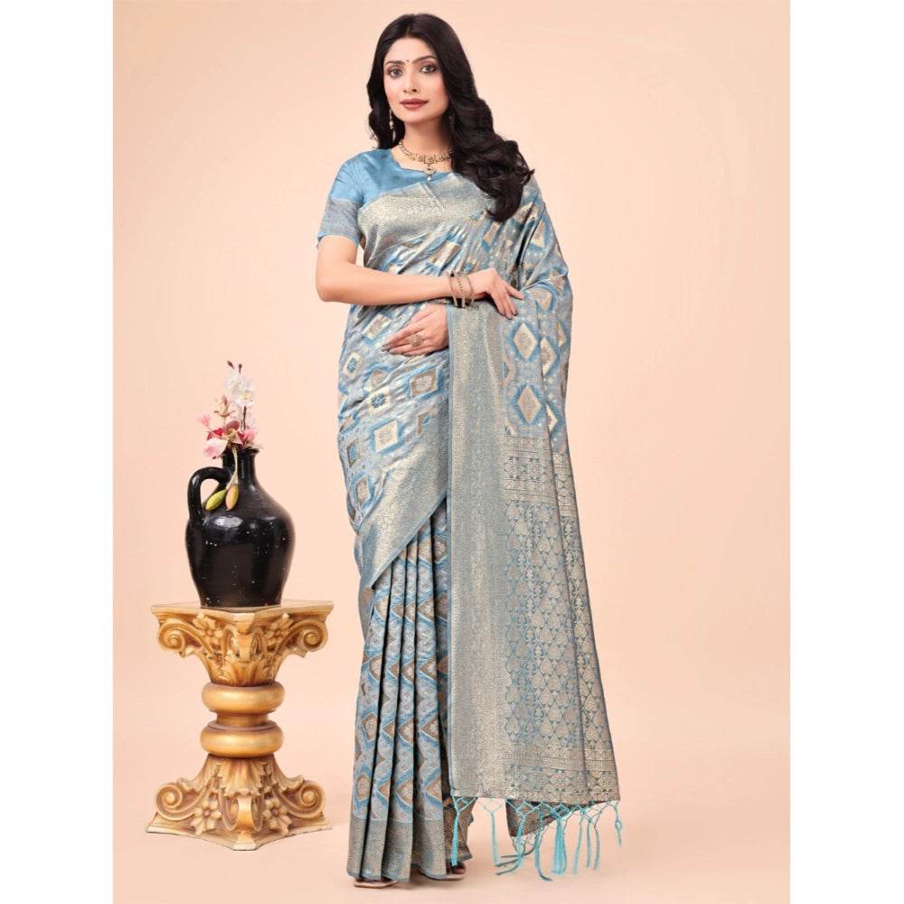 Generic Women's Cotton Printed Saree With Unstitched Blouse 5.5Mtr (Sky Blue) - MYLUXURY LANE ENTERPRISE