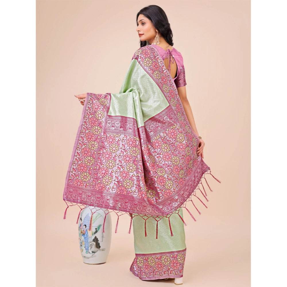 Generic Women's Lichi Silk Printed Saree With Unstitched Blouse 5.5Mtr (Olive Green) - MYLUXURY LANE ENTERPRISE