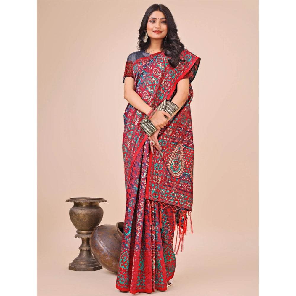 Generic Women's Cotton Printed Saree With Unstitched Blouse 5.5Mtr (Red) - MYLUXURY LANE ENTERPRISE