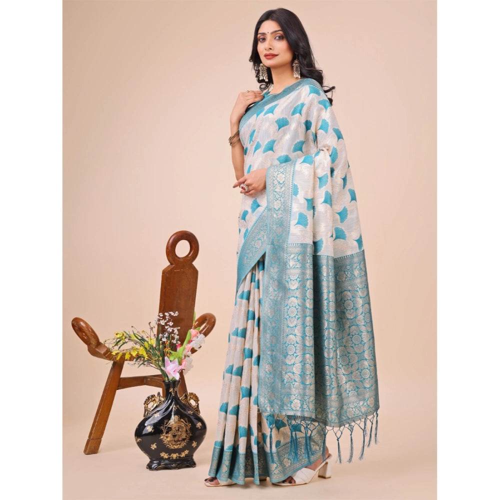 Generic Women's Linen Cotton Printed Saree With Unstitched Blouse 5.5Mtr (Teal) - MYLUXURY LANE ENTERPRISE